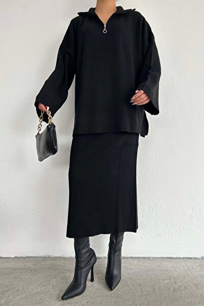 Eka Set de fuste cu nervuri cu fermoar negru pentru femei 1014-3099