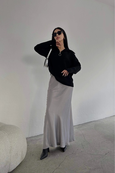 Eka Fustă lungă din satin gri de damă 0999-8115