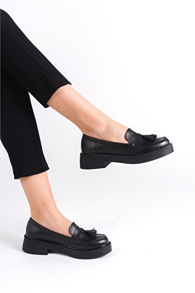 MORIA Kadın Jena Siyah Loafer Yüz Ponpon ve Püskül Ayakkabı Taban 4 cm Materyal Vegan Cilt