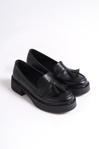 MORIA Kadın Jena Siyah Loafer Yüz Ponpon ve Püskül Ayakkabı Taban 4 cm Materyal Vegan Cilt