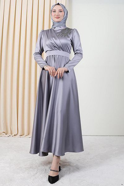 Giza Giyim Βραδινό Σατέν φόρεμα Shoulder Stoned Γκρι