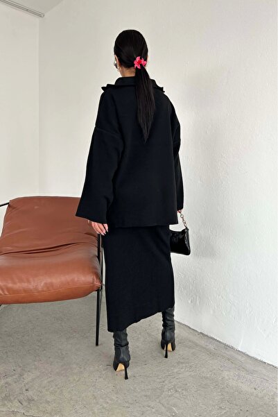 Eka Set de fuste cu nervuri cu fermoar negru pentru femei 1014-3099