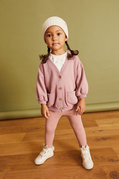 Next Baby Cotton Pink Cardigan Tights Bodysuit 3 Pieces Set bottom Top Set