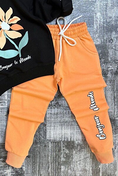 Riccotarz Girl's Bonjour Text and Flower Printed Hooded Orange Tracksuit