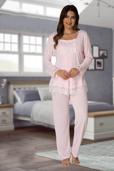 Lohussa Women's Pink Design Lacy Cotton Maternity Pajama Set
