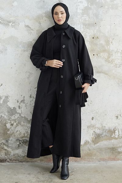 InStyle Kaschmirmantel mit Gürtel und Blair-Kragen - Schwarz