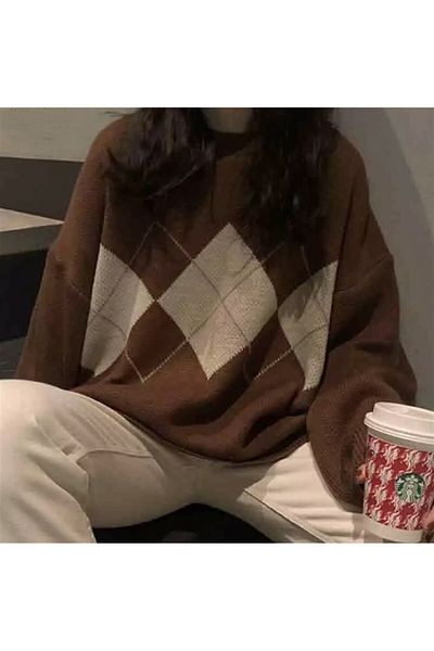 The Champs Harajuku Vintage Brown Plaid Oversize Sweater