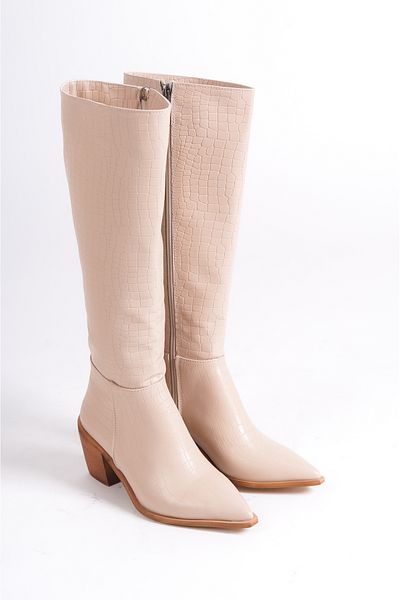 MARSEDO Victoria Beige Crocodile Γυναικείες Μπότες Καθημερινά με χοντρό τακούνι με μυτερό φερμουάρ