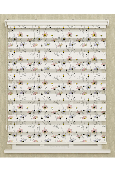 Genel Markalar Mutfak Odası Renkli Çiçek Yaprakları Basklı Zebra Perde