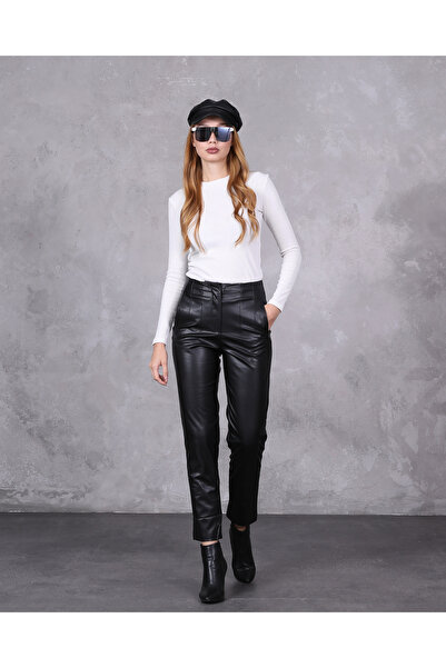 1Moda1Tarz Жіночі чорні штани з високою талією, деталями швів та штучною шкірою