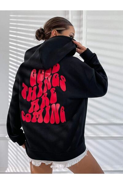 Adrift Unisex crna majica sa kapuljačom Good Things Back Štampano Oversize kr...