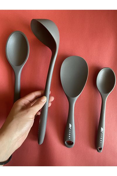 Multiamo Hard Tip Heat Resistant Fireproof Nonstick Silicone Spoon Set 4 Pieces 28cm/22cm/20cm Spoon 28cm Ladle