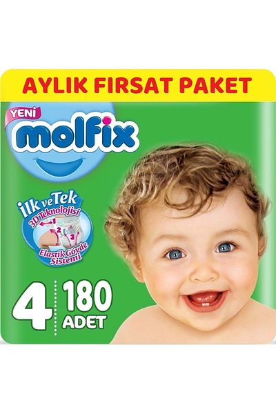 Molfix Size 4 Diapers - 7-14kg Maxi 180 Pieces Monthly Deal Wet Towels 9 Pieces