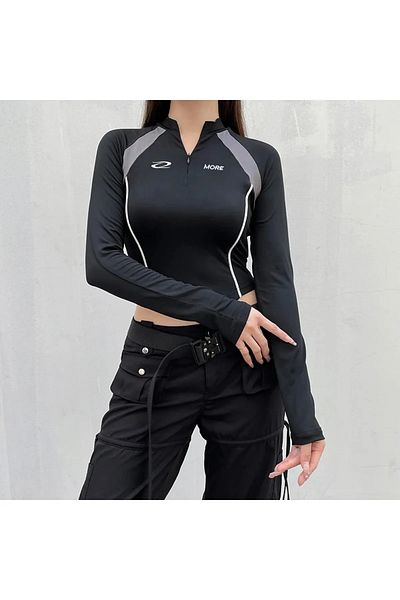 Gofeel Y2k More sandy fabric Stripe Detailed Long Sleeve Crop