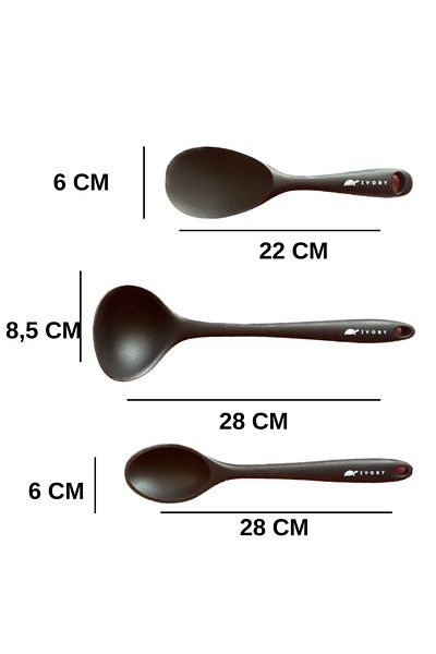 Multiamo Hard Tip Heat Resistant Fireproof Nonstick Silicone Spoon Set 3 Pieces 28cm/22cm Spoon 28cm Ladle