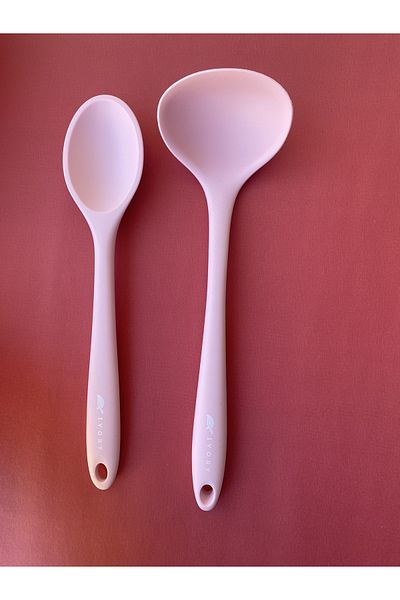 Multiamo Hard Tip Heat Resistant Fireproof Nonstick Silicone Spoon Set 2 Pieces 28cm Long Deep Spoon 28cm Ladle