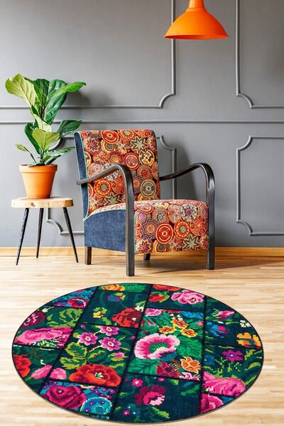 Viva Weaver's Kaymaz Tabanlı Makinede Yıkanabilen Patchwork Yuvarlak Dekorati...