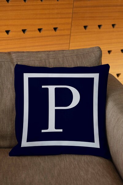 Şah Dekor Husă de pernă cu litere de culoare albastru bleumarin și alb cu imprimare digitală