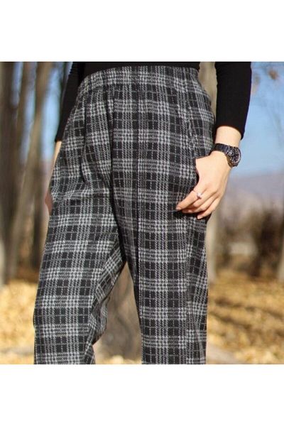 Modakenti Pantaloni de iarnă cu buzunare de mărime mare - picior de gală în carouri afumat