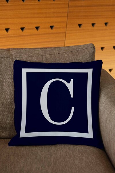 Şah Dekor Husă de pernă cu litere C, albastru bleumarin, alb, imprimată digital