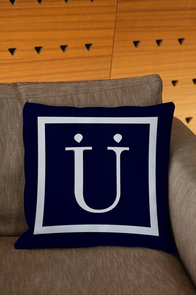 Şah Dekor Husă de pernă cu litere de culoare albastru bleumarin și alb cu imprimare digitală