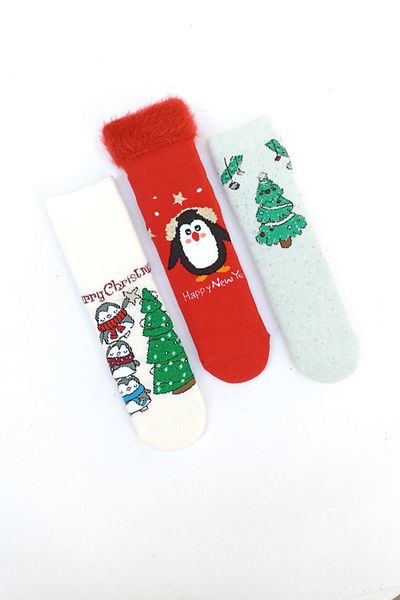 MEM SOCKS Комплект от 3 детски чорапи с коледни шарки и неплъзгащи се кърпи