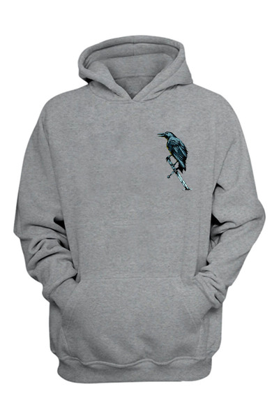 THEWERT Unisex plava i crna ilustracija vrane, siva majica standardnog kroja