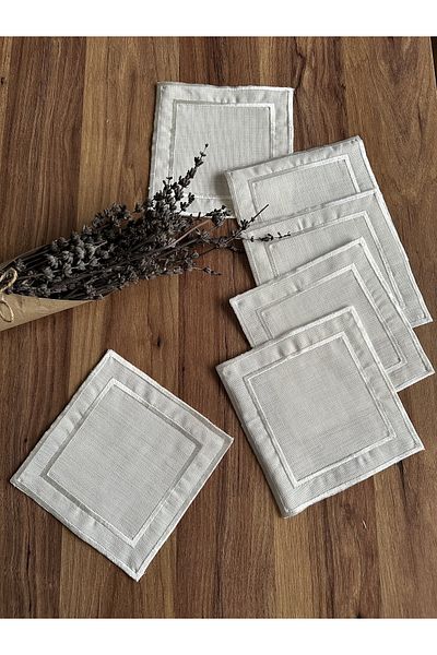 Nurhanhome 6 Pieces Ecru Color Embroidered Square Cocktail Serving Napkin