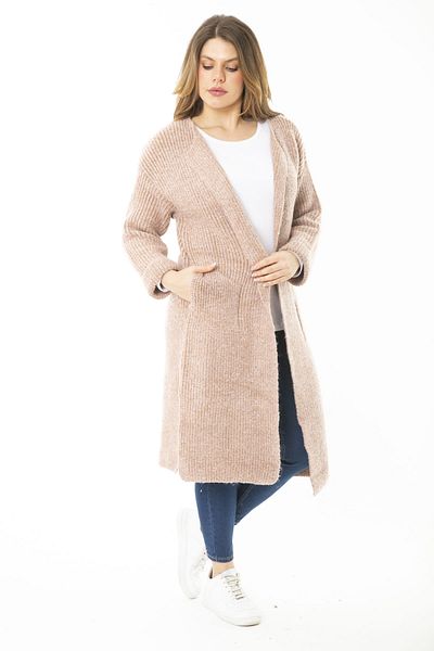 Şans Women's Large Size Pink Slit Thick Knitwear Long Cardigan 65N37141