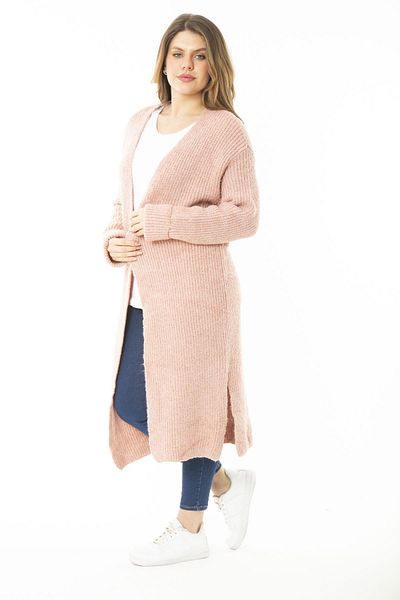 Şans Women's Large Size Pink Slit Thick Knitwear Long Cardigan 65N37139