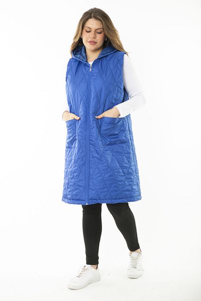 Şans Women's Large Size Saks Front Leather Hooded Quilted Lined Long Coat 65N37107