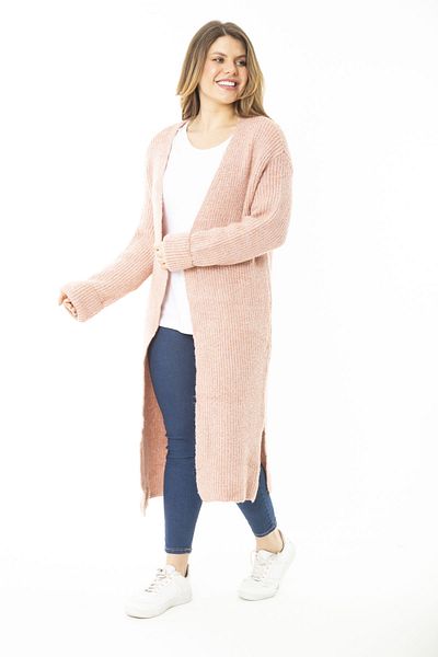 Şans Women's Large Size Pink Slit Thick Knitwear Long Cardigan 65N37139