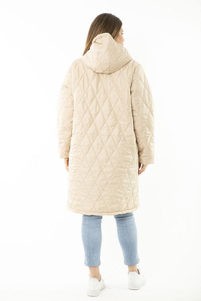 Şans Women's Large Size Beige Front Leather Hooded Quilted Lined Long Coat 65N37106
