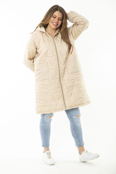 Şans Women's Large Size Beige Front Leather Hooded Quilted Lined Long Coat 65N37106