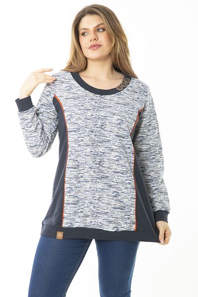 Şans Women's Large Size Navy Blue Ornamental Button and Cup Detailed Sweatshirt 65N37121