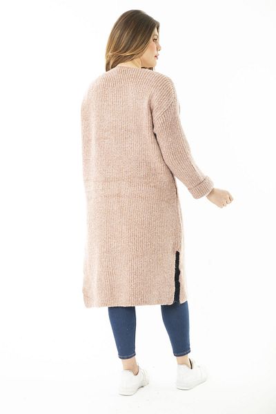 Şans Women's Large Size Pink Slit Thick Knitwear Long Cardigan 65N37141