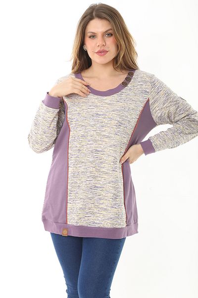 Şans Women's Large Size Purple Ornamental Button and Cup Detailed Sweatshirt 65N37121