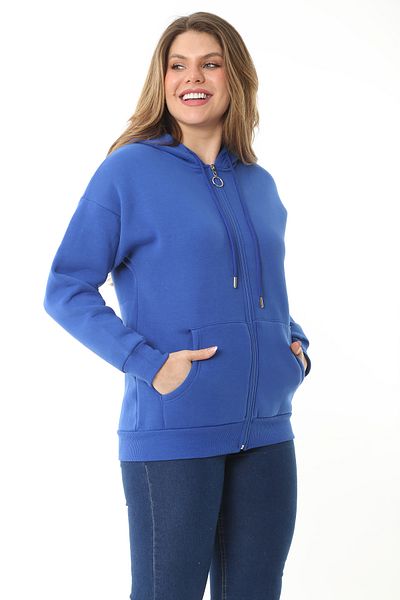 Şans Women's Large Size Sleeveless 3 Thread Front Zipper Hooded Sweatshirt 65N37114
