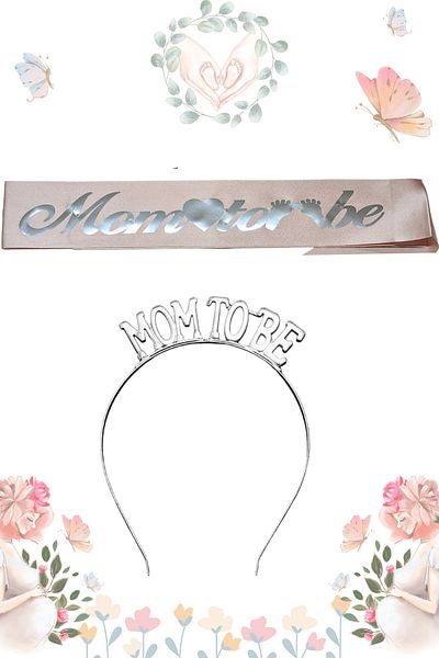 Larenya Set pentru Baby Shower cu Coroană Metalică pentru Mame și Cummerbund și Cummerbund Roz Argintiu, Coroană Argintie