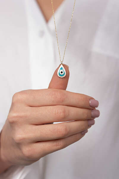HomSilverjewelry 925 Ayar Gümüş Damla Nazar Boncuğu Tasarımlı Kadın Kolye