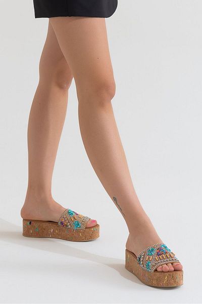PASSAGE SHOES Γυναικείες παντόφλες με λεπτομέρεια από γνήσιο δέρμα πολύχρωμες πέτρες 6239