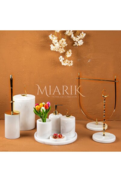 MIARIK DESIGN & DEKORASYON DEKORATİF BEYAZ MERMER T 9LU Lİ BANYO SETİ TAKIMI