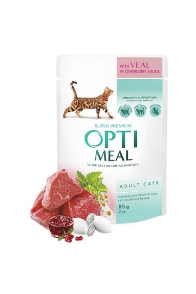 OptiMeal Conserve pentru adulți pisică cu carne de vită și sos de merișor 85 gr