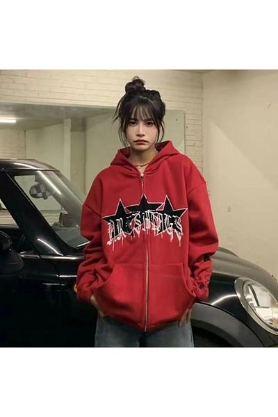 Köstebek Red Triple Star Devil Icon Zippered (Unisex) Hoodie - MINGALONDON
