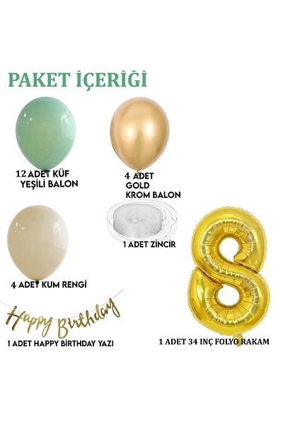 Patladı Gitti 8 Year Old Mold Green Sea Sand and Chrome Gold Balloon Concept Birthday Set