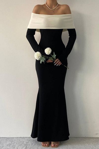 lovebox Dehnbarer Strickstoff, Carmen-Kragen-Design, Bleistiftschnitt, langärmlig, schwarz-weißes Maxikleid 181