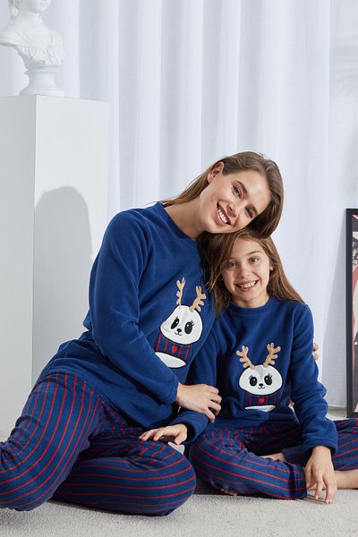 Siyah İnci Navy Blue Patterned Bottom-Top Polar Embroidered Pajama Set