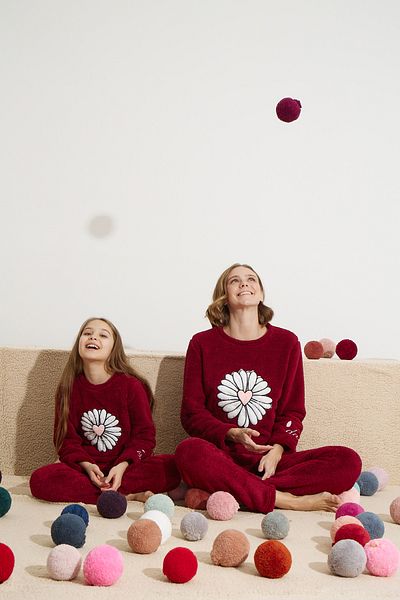 Siyah İnci burgundy Bottom-Top Wellsoft Embroidered Pajama Set