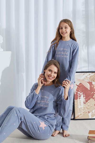 Siyah İnci Blue Patterned Bottom-Top Polar Embroidered Pajama Set
