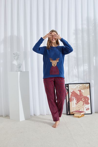 Siyah İnci Navy Blue Patterned Bottom-Top Polar Embroidered Pajama Set